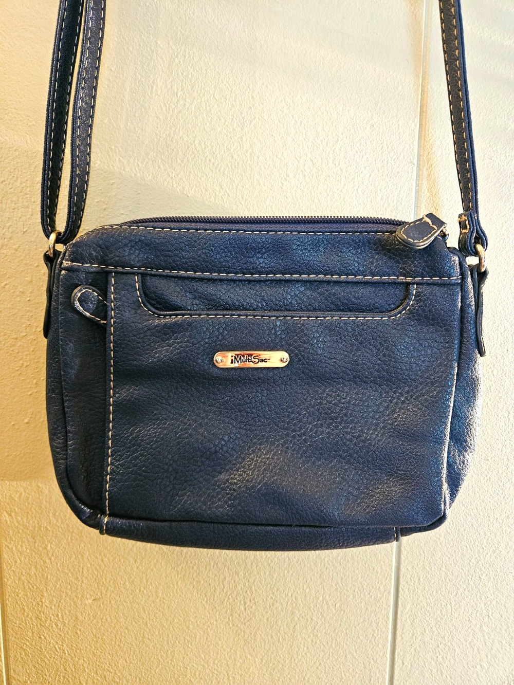 MultiSac Blue Pebbled Crossbody Bag with Adjustable Strap, Zip Closure & Pockets